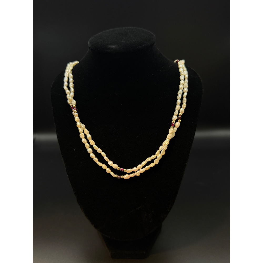 Double Strand Pearl Necklace Burgundy Purple Bead Gold Tone Accents 18"